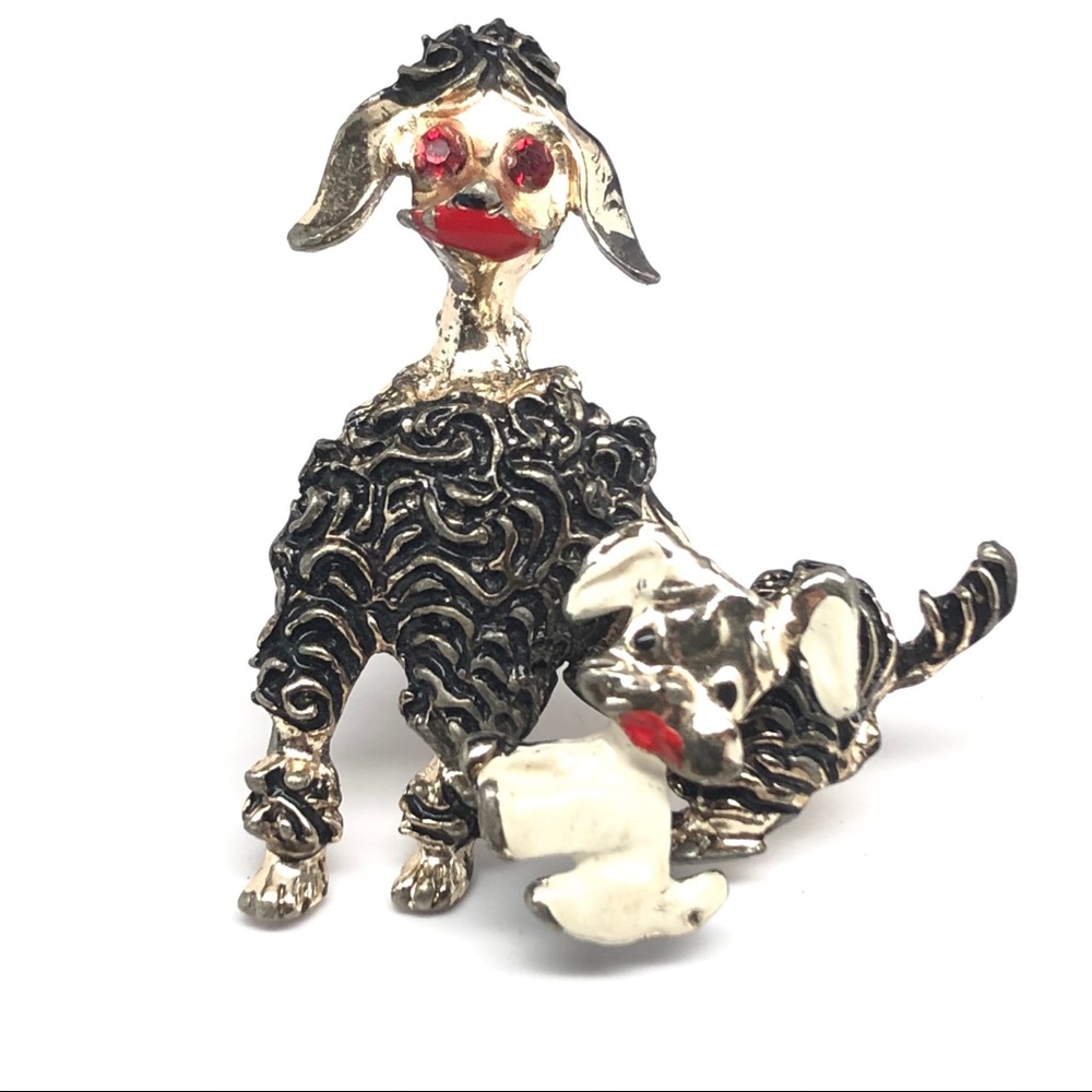 50s French Poodle & Puppy Trembler Brooch Enameled